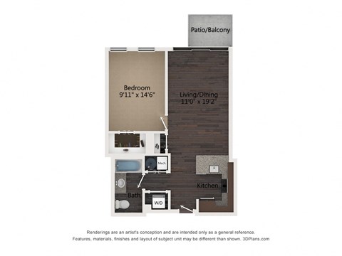 Floor plan for 1 bed, 1 bath, 670 sqft